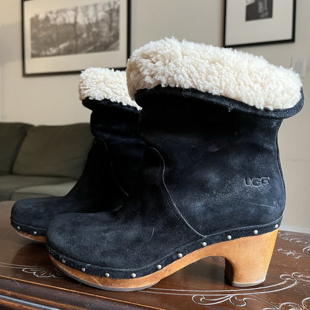 Ugg Lynnea Suede Shearling Clog Booties, Black Size 7